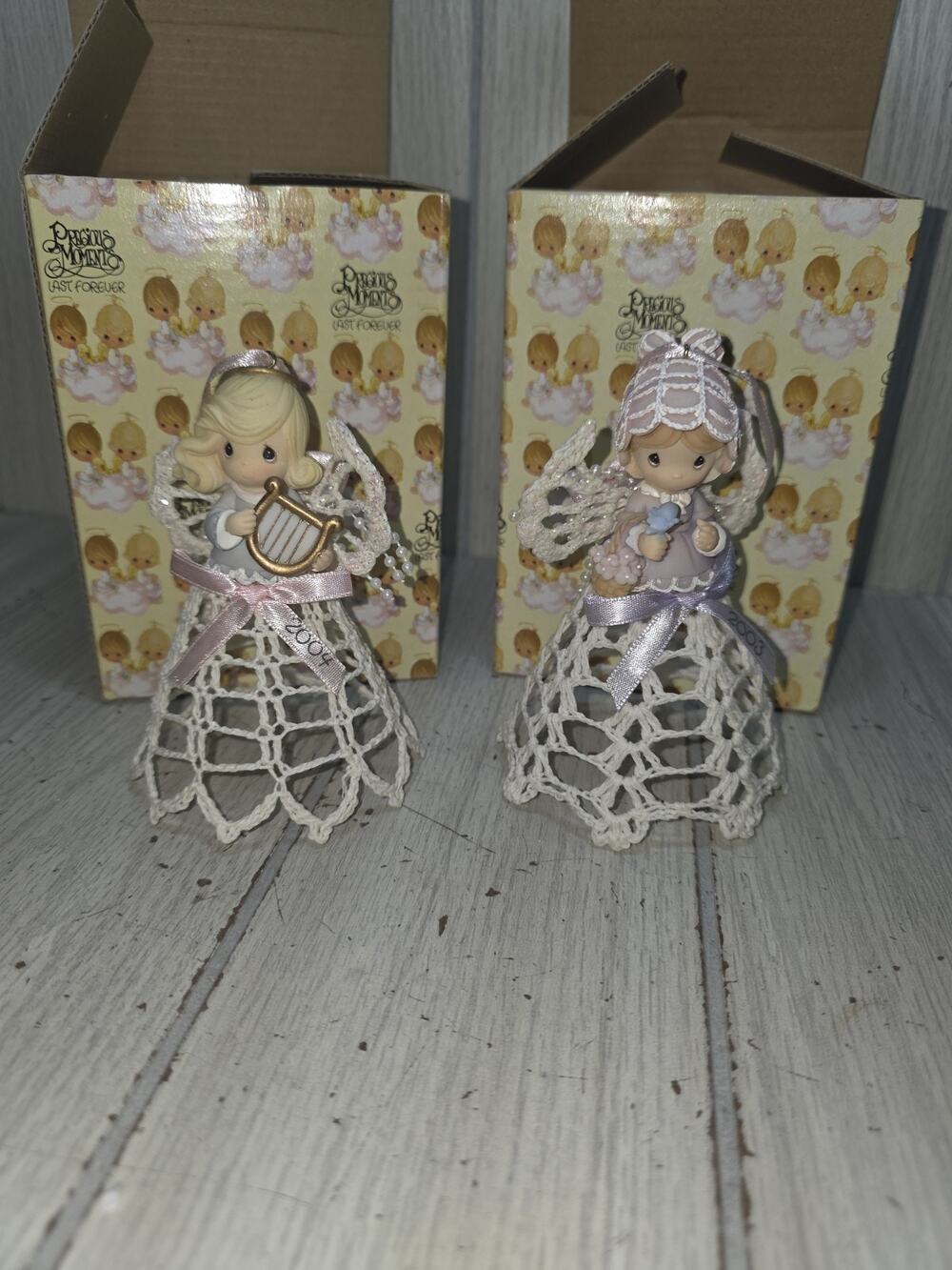 Vtg 03-04 Precious Moments Girl With Bird/Harp Hanging Ornaments Enesco Set Of 2